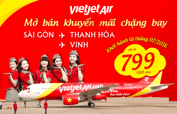 Vietjet Air tưng bừng khuyến mãi hành trình TP.HCM - Thanh Hoá , Vinh.